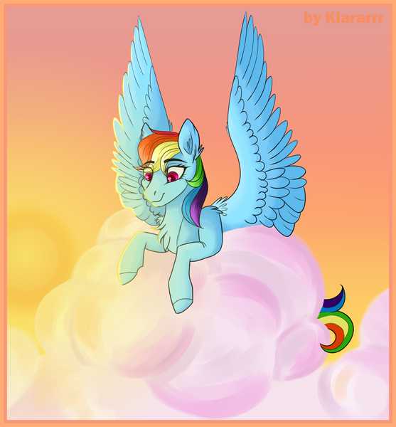 Size: 1300x1400 | Tagged: safe, artist:kiararrr, derpibooru import, rainbow dash, pegasus, pony, cloud, image, looking down, png, smiling, sun, sunset