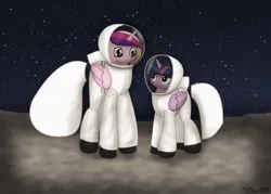 Size: 2374x1704 | Tagged: safe, artist:99999999000, derpibooru import, princess cadance, twilight sparkle, twilight sparkle (alicorn), alicorn, pony, astronaut, duo, duo female, female, folded wings, image, mare, moon, png, requested art, space, spacesuit, wings