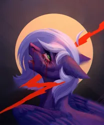 Size: 1800x2160 | Tagged: grimdark, artist:inarimayer, derpibooru import, oc, unofficial characters only, pegasus, bleeding eyes, blood, bust, freckles, halo, image, jpeg, lightning, markings, nosebleed, portrait, red eyes, rolled eyes, simple background, solo, sparkles