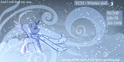 Size: 5000x2500 | Tagged: safe, artist:leah minik, derpibooru import, oc, pony, advertisement, any gender, any race, clothes, commission, crescent moon, full body, image, looking up, moon, mountain, png, scarf, sky background, smiling, snow, snowfall, solo, stars, text, wind, winter, your character here