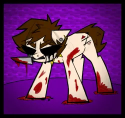 Size: 1184x1118 | Tagged: grimdark, artist:xxv4mp_g4z3rxx, derpibooru import, oc, oc:allicoot, earth pony, black goo, blood, collar, ear piercing, image, knife, mouth hold, piercing, png, solo, spiked collar