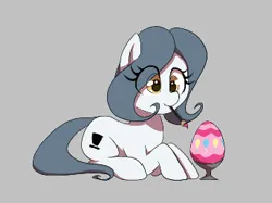 Size: 344x257 | Tagged: safe, artist:thebatfang, derpibooru import, oc, oc:hattsy, unofficial characters only, earth pony, pony, aggie.io, easter, easter egg, egg, female, holiday, image, implied pinkie pie, lying down, mare, mouth hold, paintbrush, painting, png, simple background, smiling