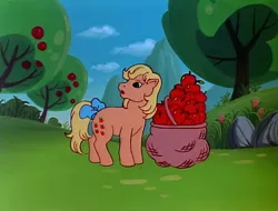 Size: 632x480 | Tagged: safe, derpibooru import, screencap, applejack (g1), earth pony, pony, my little pony 'n friends, rescue at midnight castle, apple, apple basket, basket, bow, female, food, g1, image, mare, png, solo, tail, tail bow