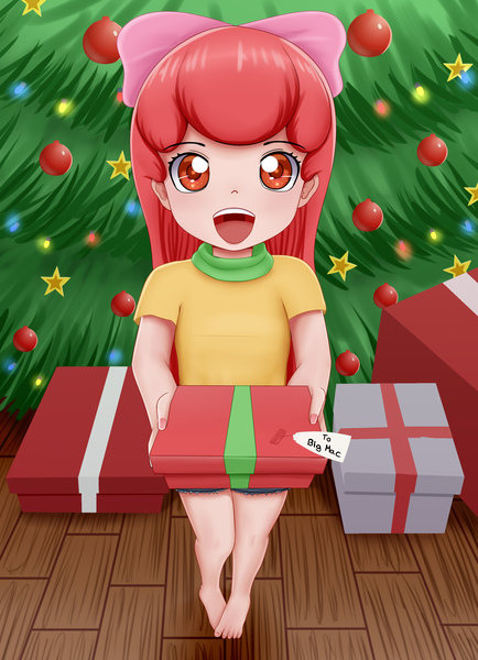 Size: 2480x3425 | Tagged: safe, artist:focusb, apple bloom, human, barefoot, christmas, christmas tree, clothes, feet, holiday, humanized, image, implied big macintosh, implied incest, implied shipping, jpeg, present, shirt, solo, t-shirt, tree