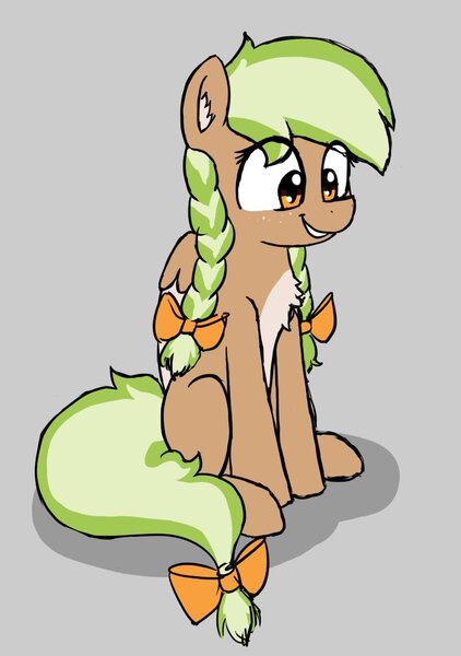 Size: 908x1290 | Tagged: safe, artist:royalsunbutt1, derpibooru import, oc, oc:sylvia evergreen, unofficial characters only, pegasus, pony, braid, braided pigtails, chest fluff, cute, ear fluff, female, freckles, hair tie, image, jpeg, mare, pegasus oc, pigtails, sitting, solo, wings