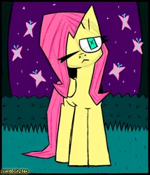 Size: 1586x1856 | Tagged: safe, artist:xxv4mp_g4z3rxx, derpibooru import, fluttershy, butterfly, insect, pegasus, pony, blue eyes, bush, grass, image, looking at you, night, pink mane, png, solo, stars, tree, yellow coat