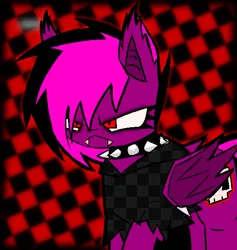 Size: 1164x1226 | Tagged: safe, artist:xxv4mp_g4z3rxx, derpibooru import, oc, oc:violet valium, unofficial characters only, bat pony, angry, bat pony oc, bat wings, clothes, collar, fangs, folded wings, hoodie, image, png, purple coat, red eyes, solo, spiked collar, two toned mane, wings