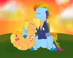 Size: 1370x1093 | Tagged: safe, artist:cosmicdragonkay, derpibooru import, applejack, rainbow dash, pony, the last problem, appledash, duo, eyes closed, female, hug, image, jpeg, lesbian, older, older applejack, older rainbow dash, shipping