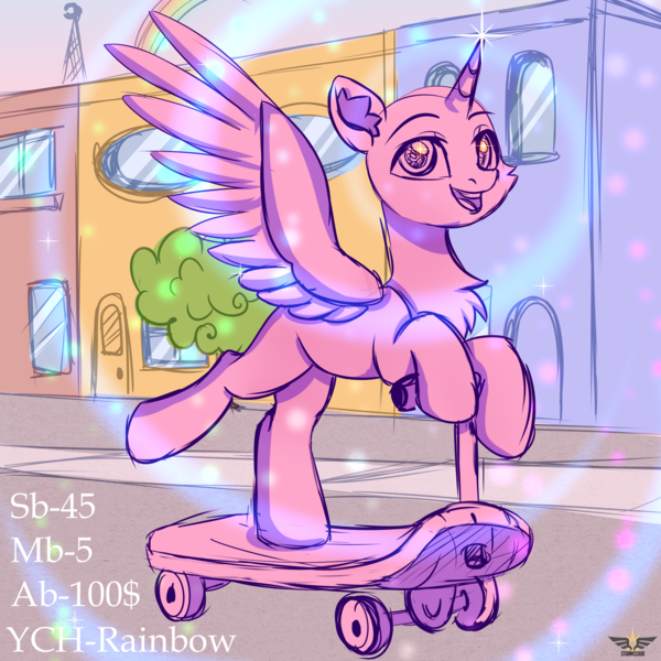 Size: 3000x3000 | Tagged: safe, artist:leah minik, derpibooru import, oc, pony, advertisement, any gender, any race, chest fluff, commission, full body, image, looking at you, open mouth, open smile, png, rainbow, scooter, smiling, smiling at you, solo, town, your character here