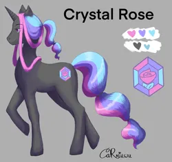 Size: 2841x2675 | Tagged: safe, artist:carmiuwu, derpibooru import, oc, oc:crystal rose, unofficial characters only, pony, unicorn, cutie mark, design, horn, image, multicolored hair, palette, pastel hair, png, rainbow hair, reference sheet, signature, simple background, solo, wavy hair