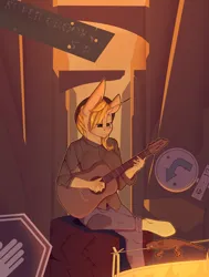 Size: 2800x3700 | Tagged: safe, artist:chapaevv, derpibooru import, oc, oc:sunrise, anthro, fallout equestria, barrel, campfire, clothes, commission, evening, fallout, female, food, guitar, image, musical instrument, outdoors, png, ruins, sitting, solo, solo female, stop sign, street