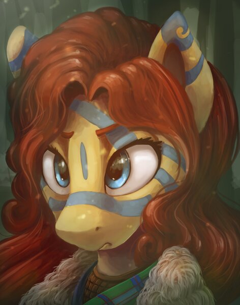 Size: 3224x4096 | Tagged: safe, artist:ryanmandraws, derpibooru import, oc, oc:brook ua redmane, unofficial characters only, equestria at war mod, bust, celtic, detailed, digital painting, dramatic, face paint, female, female oc, fur coat, image, jpeg, portrait, red hair, scottish, solo, solo female, tartan
