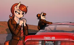 Size: 2884x1757 | Tagged: safe, artist:apocheck13, derpibooru import, oc, oc:elya, unofficial characters only, anthro, earth pony, car, cigarette, clothes, desert, female, image, jacket, leather, leather coat, leather jacket, lidded eyes, png, pontiac, pontiac firebird, pontiac trans am, short hair, smoking, sunset