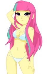 Size: 941x1470 | Tagged: suggestive, artist:rosemile mulberry, derpibooru import, sour sweet, equestria girls, alternate hairstyle, arm behind head, arm freckles, belly, belly button, belly freckles, bikini, body freckles, boob freckles, breasts, busty sour sweet, chest freckles, clothes, cute, eyeshadow, female, freckles, hip freckles, image, long hair, looking at you, loose hair, makeup, png, pose, pouting, raised eyebrow, shoulder freckles, simple background, solo, sourbetes, swimsuit, thigh freckles, underass, white background