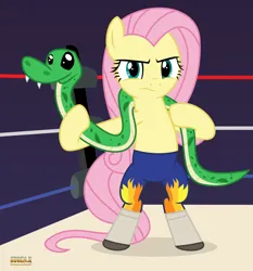 Size: 2000x2147 | Tagged: safe, artist:kuren247, derpibooru import, fluttershy, pegasus, pony, snake, bipedal, clothes, crossover, female, image, jake the snake roberts, png, show accurate, solo, sports, stare, tights, wrestling, wrestling ring, wwe