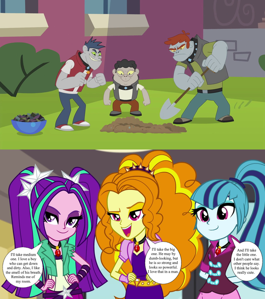 Size: 1280x1440 | Tagged: safe, derpibooru import, edit, edited screencap, screencap, adagio dazzle, aria blaze, fido, rover, sonata dusk, spot, equestria girls, player piano, rainbow rocks, diamond dudes, digging, female, fidazzle, image, male, png, rock, rovaria, shipping, shipping domino, shovel, smiling, speech bubble, spotnata, straight, the dazzlings