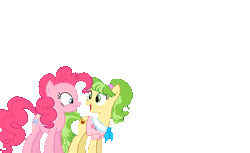 Size: 629x385 | Tagged: artist needed, safe, derpibooru import, chickadee, ms. peachbottom, pinkie pie, earth pony, pony, games ponies play, error, eyes closed, gif, glitch, happy, image, jumping, text, wat