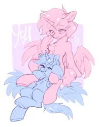 Size: 1668x2139 | Tagged: safe, artist:ls_skylight, derpibooru import, oc, alicorn, earth pony, pegasus, pony, unicorn, between legs, chest fluff, commission, image, jpeg, sitting, snuggling, underhoof, wings, ych example, ych sketch, your character here