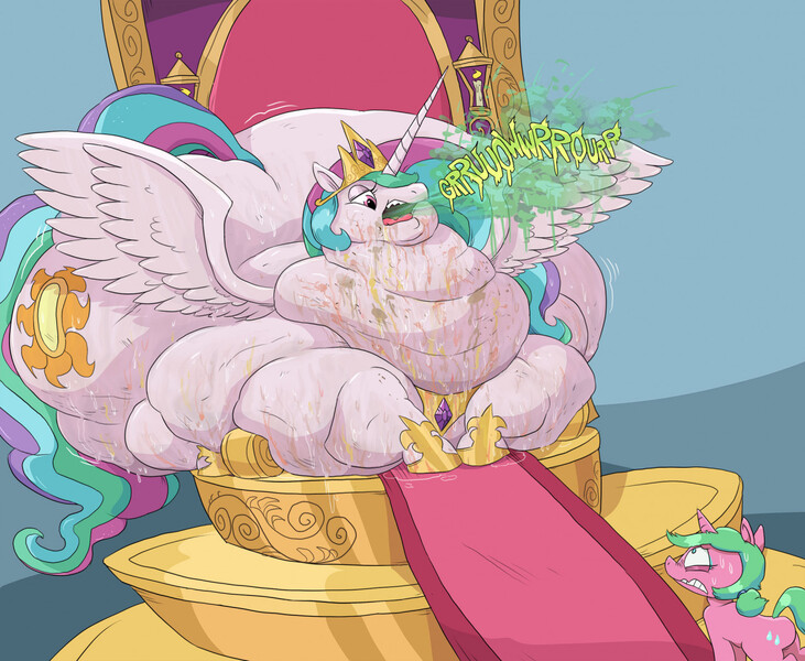 Size: 1280x1051 | Tagged: questionable, artist:spookybiggulp, derpibooru import, princess celestia, alicorn, pony, unicorn, bingo wings, burp, butt, cellulite, chubby cheeks, chubbylestia, double chin, fat, food, gritted teeth, huge butt, image, impossibly large butt, jpeg, large butt, messy, messy eating, morbidly obese, neck roll, obese, rolls of fat, slob, smelly, sunbutt, sweat, sweatdrops, teeth, throne