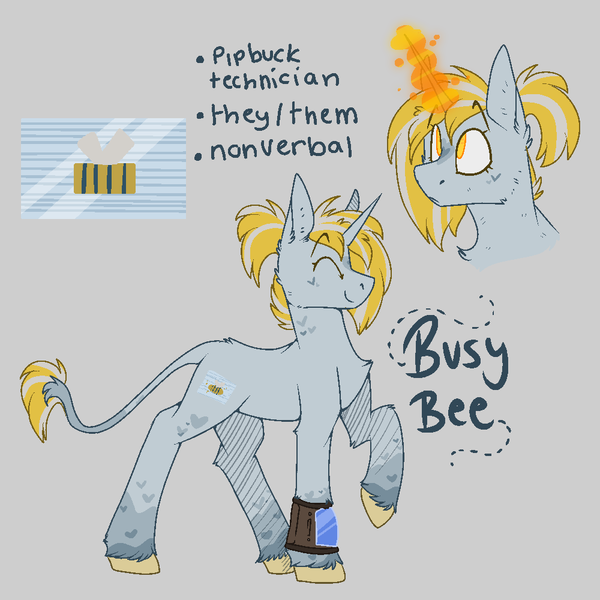 Size: 1000x1000 | Tagged: safe, artist:molars, derpibooru import, oc, oc:busy bee, unofficial characters only, classical unicorn, unicorn, fallout equestria, cloven hooves, doodle, gray background, image, leonine tail, magic, nonbinary, pipbuck, png, pronouns, reference sheet, simple background, solo, unshorn fetlocks