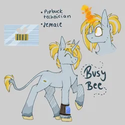 Size: 1000x1000 | Tagged: safe, artist:molars, edit, oc, oc:busy bee, unofficial characters only, pony, unicorn, fallout equestria, blaze (coat marking), doodle, female, gray background, image, leonine tail, magic, mare, pipbuck, png, reference sheet, simple background, solo, unshorn fetlocks