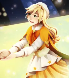 Size: 1829x2048 | Tagged: safe, artist:applesartt, derpibooru import, part of a set, applejack, human, anime, clothes, crossover, dress, female, humanized, image, jpeg, love live!, open mouth, smiling, solo