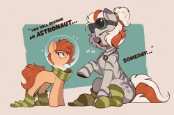 Size: 2025x1340 | Tagged: safe, artist:rexyseven, derpibooru import, oc, oc:rusty gears, unofficial characters only, earth pony, pony, clothes, duo, freckles, image, png, simple background, sitting, socks, striped socks, talking, text