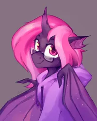 Size: 1556x1944 | Tagged: safe, artist:jewellier, derpibooru import, oc, unofficial characters only, bat pony, changeling, hybrid, bat pony oc, bat wings, bust, changeling oc, clothes, glasses, gray background, hoodie, horn, image, looking at you, png, portrait, simple background, solo, sparkles, wings