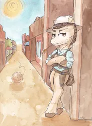 Size: 4610x6283 | Tagged: safe, artist:lightisanasshole, derpibooru import, oc, pegasus, pony, background, bipedal, city, clothes, complex background, cowboy, cowboy hat, desert, gun, hat, image, jpeg, looking at you, male, red dead redemption, sheriff, shirt, stallion, sun, traditional art, unimpressed, watercolor painting, weapon, wild west