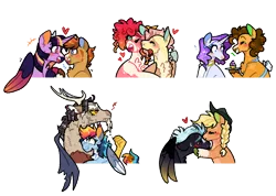 Size: 1280x909 | Tagged: safe, artist:queerhorses, derpibooru import, applejack, cheese sandwich, discord, fluttershy, pinkie pie, quibble pants, rainbow dash, rarity, thunderlane, twilight sparkle, twilight sparkle (alicorn), alicorn, draconequus, earth pony, pegasus, pony, unicorn, blushing, cheesity, crack shipping, discodash, female, flutterpie, heart, hug, image, lesbian, male, png, quibblelight, shipping, simple background, straight, thunderjack, trans male, transgender, transparent background, twitterina design