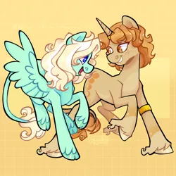 Size: 2500x2500 | Tagged: safe, artist:3ggmilky, derpibooru import, oc, unofficial characters only, pegasus, pony, unicorn, cloven hooves, commission, duo, eye scar, facial scar, horn, horn ring, image, jewelry, leonine tail, looking at each other, looking at someone, open mouth, open smile, png, ring, scar, smiling, tail, unshorn fetlocks