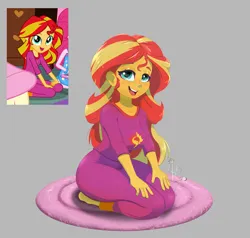 Size: 1200x1142 | Tagged: safe, artist:inkypuso, derpibooru import, sunset shimmer, equestria girls, rainbow rocks, barefoot, bedroom eyes, breasts, clothes, cute, feet, image, jpeg, kneeling, open mouth, pajamas, pants, screencap reference, shimmerbetes, shirt, solo