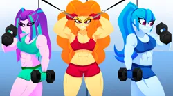 Size: 3800x2100 | Tagged: safe, artist:xan-gelx, derpibooru import, adagio dazzle, aria blaze, sonata dusk, equestria girls, acardio dazzle, aria brute, breasts, busty adagio dazzle, busty aria blaze, busty sonata dusk, clothes, female, gym, gym uniform, image, jpeg, muscles, muscular female, open mouth, sonata dong, the dazzlings