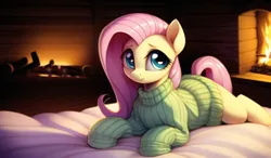 Size: 3072x1792 | Tagged: safe, derpibooru import, machine learning generated, novelai, fluttershy, pegasus, pony, bed, clothes, cute, fireplace, image, png, solo, sweater
