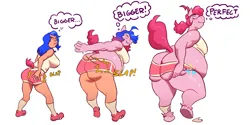 Size: 8227x4100 | Tagged: suggestive, artist:chunkowitz, derpibooru import, pinkie pie, oc, oc:rachel, anthro, earth pony, human, unguligrade anthro, ass, balloonbutt, breasts, bubble berry, butt, butt grab, butt touch, buttcheeks, buttcrack, chubby, clothes, dock, fat, female to male, grope, growth, human oc, human to anthro, image, large butt, onomatopoeia, png, raised tail, rule 63, spanking, tail, thought bubble, transformation, transformation sequence, transgender transformation, weight gain, weight gain sequence