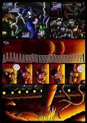 Size: 1280x1808 | Tagged: semi-grimdark, artist:darklamprey, derpibooru import, apple bloom, cranky doodle donkey, derpy hooves, dinky hooves, granny smith, princess luna, spike, spitfire, twilight sparkle, twilight sparkle (alicorn), alicorn, earth pony, pegasus, siren, unicorn, comic:equestria's war of the worlds, aghast, barricade, cloud, cloudy, comic, crossover, crying, dark clouds, dialogue, fleeing, image, injured, invasion, jpeg, lightning, martian, narration, night, onomatopoeia, ponyville, red glow, royal guard, shock, sound effects, speech bubble, tendrils, the war of the worlds, tripod, wonderbolts