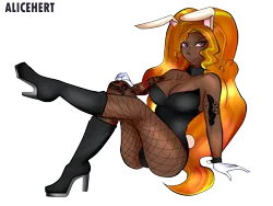 Size: 4096x3072 | Tagged: suggestive, artist:alicehert, derpibooru import, adagio dazzle, human, bedroom eyes, boots, breasts, bunny ears, bunny suit, choker, clothes, commission, corset, crossed legs, dark skin, eyebrow piercing, female, fishnets, gloves, high heel boots, humanized, image, nose piercing, nose ring, piercing, playboy bunny, png, shoes, simple background, sitting, socks, solo, solo female, stockings, tattoo, thigh highs, transparent background, ych result