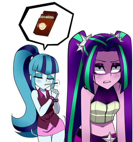 Size: 1500x1600 | Tagged: safe, artist:nekojackun, derpibooru import, aria blaze, sonata dusk, equestria girls, food, image, jpeg, midriff, pocky, sleeveless