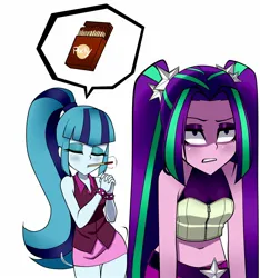 Size: 1500x1600 | Tagged: safe, artist:nekojackun, derpibooru import, aria blaze, sonata dusk, equestria girls, food, image, jpeg, midriff, pocky, sleeveless