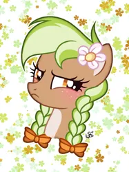 Size: 1080x1443 | Tagged: safe, artist:cstrawberrymilk, derpibooru import, oc, oc:sylvia evergreen, unofficial characters only, pegasus, pony, blushing, braid, braided pigtails, bust, embarrassed, female, flower, flower in hair, freckles, hair tie, image, jpeg, mare, pegasus oc, pigtails, portrait, solo, wings