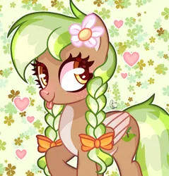 Size: 646x675 | Tagged: safe, artist:cstrawberrymilk, derpibooru import, oc, oc:sylvia evergreen, unofficial characters only, pegasus, pony, :p, abstract background, braid, braided pigtails, female, flower, flower in hair, freckles, hair tie, heart, image, mare, pegasus oc, pigtails, png, solo, tongue out, wings