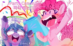 Size: 1920x1200 | Tagged: safe, artist:jully-park, derpibooru import, izzy moonbow, pinkie pie, earth pony, pony, unicorn, cute, cute little fangs, derpibooru exclusive, digital art, duo, duo female, fangs, female, g4, g5, image, jpeg, korean, lineless, mare, moon runes, open mouth, open smile, party cannon, smiley face, smiling, teacher and student, teaching