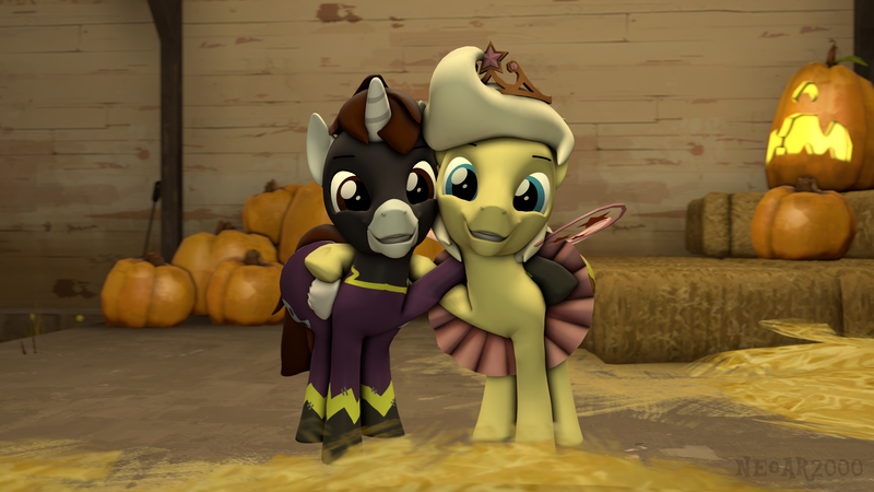 Size: 3840x2160 | Tagged: safe, derpibooru import, oc, oc:brass melody, oc:neo star, unofficial characters only, alicorn, earth pony, 3d, cheek to cheek, clothes, costume, halloween, halloween costume, holiday, hoof on shoulder, image, jewelry, png, shadowbolts costume, smiling, source filmmaker, tiara, tutu