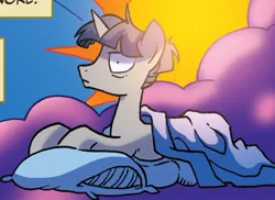 Size: 622x453 | Tagged: safe, derpibooru import, idw, stygian, pony, unicorn, legends of magic, spoiler:comic, spoiler:comiclom8, annoyed, blanket, cropped, image, jpeg, male, missing accessory, pillow, solo, stallion, tired