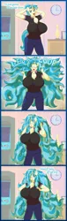 Size: 1550x5125 | Tagged: safe, artist:gunpowdergreentea, derpibooru import, allie way, anthro, pony, unicorn, 4 panel comic, bedroom eyes, big breasts, breasts, busty allie way, cartoon physics, chest fluff, clothes, comic, dialogue, eyes closed, female, hammerspace, high res, huge breasts, huge hair, image, impossibly large breasts, loose hair, mare, one eye closed, pants, png, polo shirt, solo, talking to viewer
