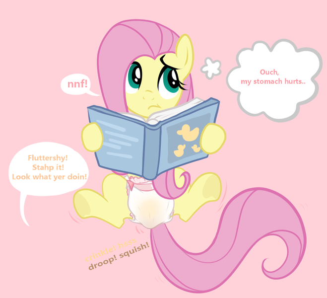 Size: 1067x971 | Tagged: questionable, artist:juicebarx, derpibooru import, fluttershy, diaper, diaper fetish, fetish, image, messing, non-baby in diaper, oblivious, offscreen character, pissing, png, poop, sequence, solo, speech bubble, urine, wetting, wetting diaper