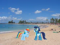 Size: 1600x1200 | Tagged: safe, artist:frownfactory, artist:sairoch, derpibooru import, rainbow dash, soarin', pegasus, pony, beach, clothes, female, goggles, hawaii, honolulu, image, irl, jpeg, male, mare, photo, ponies in real life, shipping, soarindash, stallion, story included, straight, uniform, wonderbolts uniform