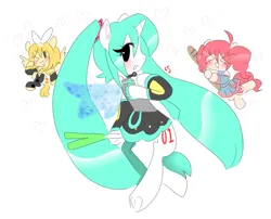 Size: 951x767 | Tagged: safe, artist:cutiesparke, derpibooru import, ponified, earth pony, pegasus, pony, semi-anthro, unicorn, ><, ahoge, blushing, bread, chibi, clothes, crossover, eyes closed, fake wings, floating, food, hatsune miku, heart, image, kagamine rin, kasane teto, leek, leg warmers, looking back, one eye closed, png, simple background, skirt, spread wings, trio, vocaloid, white background, wings, wink
