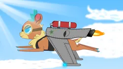 Size: 1192x670 | Tagged: safe, artist:dandylionpony, derpibooru import, velvet reindeer, deer, reindeer, them's fightin' herds, cloud, community related, flying, goggles, image, jetpack, jpeg, sky, sky background