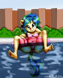 Size: 1904x2354 | Tagged: suggestive, artist:anibaruthecat, banned from derpibooru, oc, oc:ravebounce, anthro, earth pony, plantigrade anthro, anthro oc, bikini, blue eyes, cameltoe, clothes, erect nipples, female, fence, image, inflatable, inner tube, lolicon, looking at you, nipple outline, partially submerged, png, reclining, smiling at you, solo, solo female, spreading legs, swimming pool, swimsuit, underage